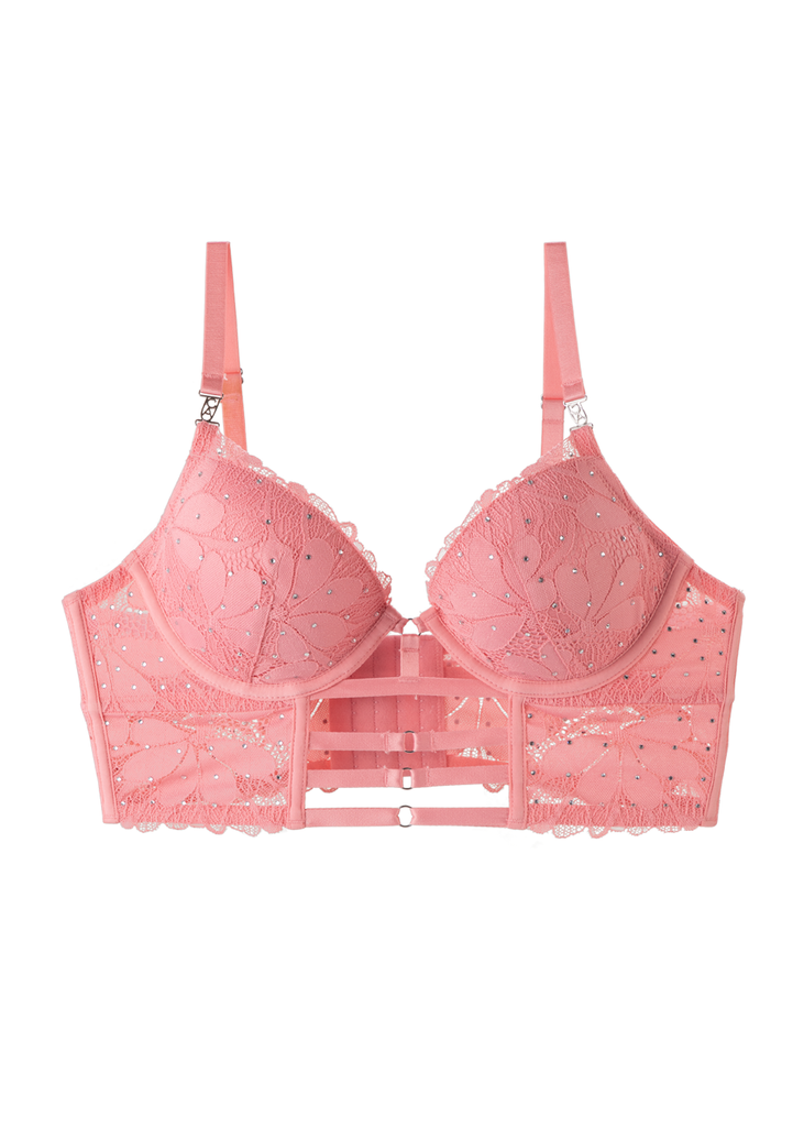 RIHANNA Pink Floral Lace Push-Up Corset Long Bra with Rhinestones