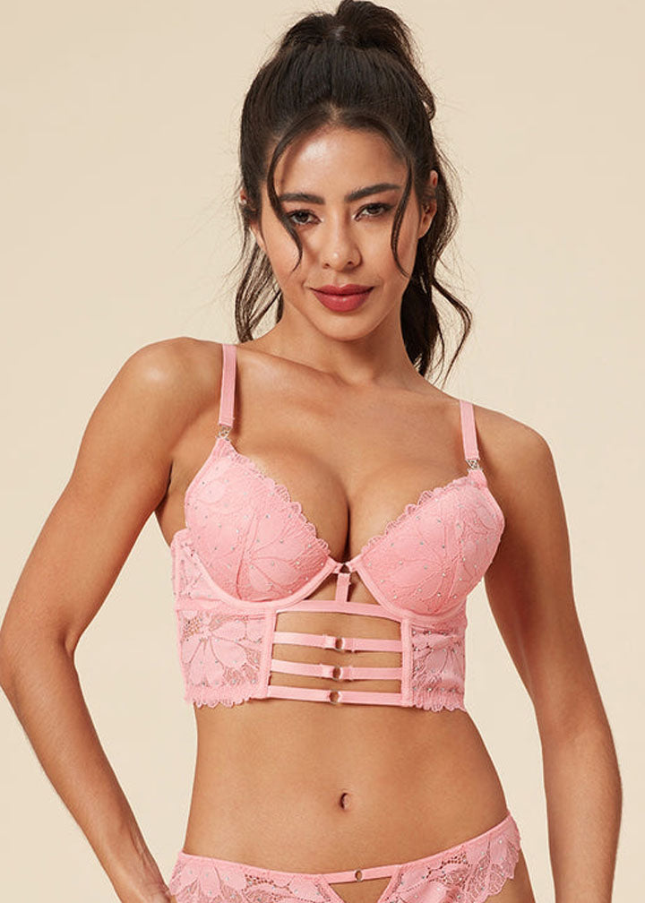 RIHANNA Pink Floral Lace Push-Up Corset Long Demi Bra with Rhinestones