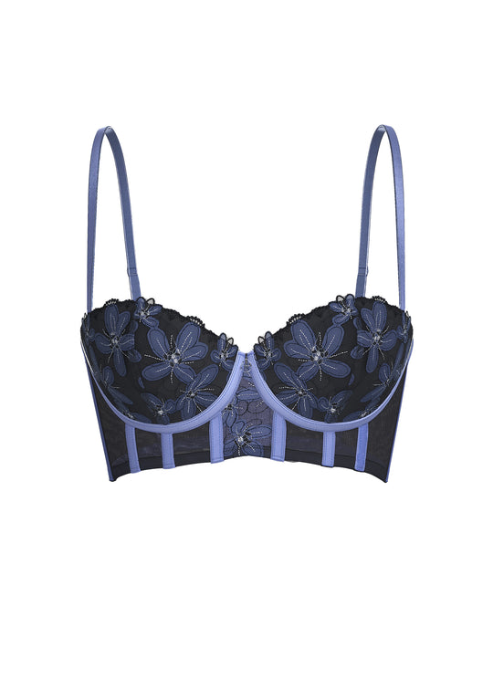 RILEY Sexy Navy Blue Floral Embroidery Lace Underwired Balconette Long Bra