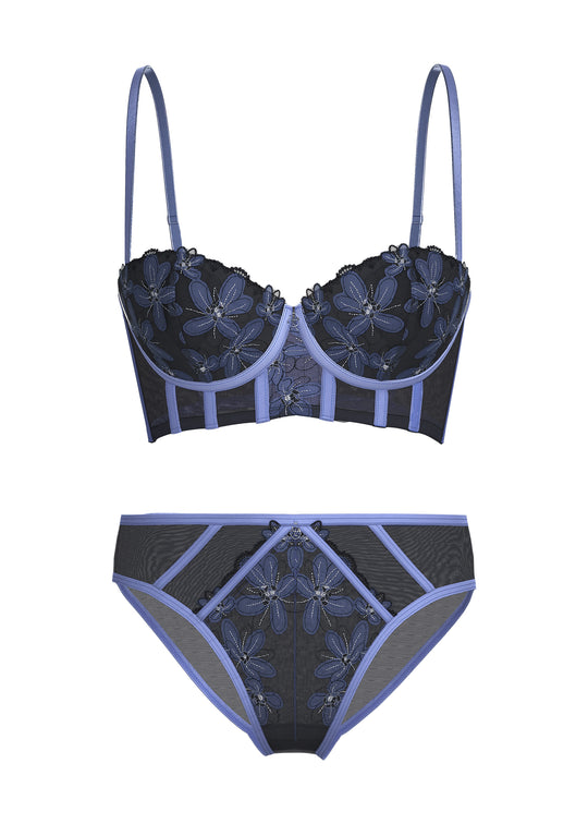 RILEY Navy Blue Floral Embroidery Lace Bra & Plus Panty Set