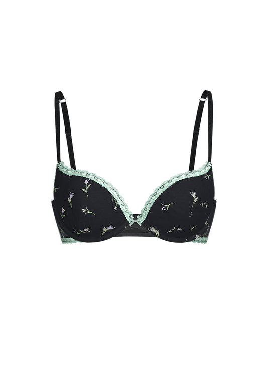ROMY Plus Black Push-Up Demi Bra With Green Embroidery