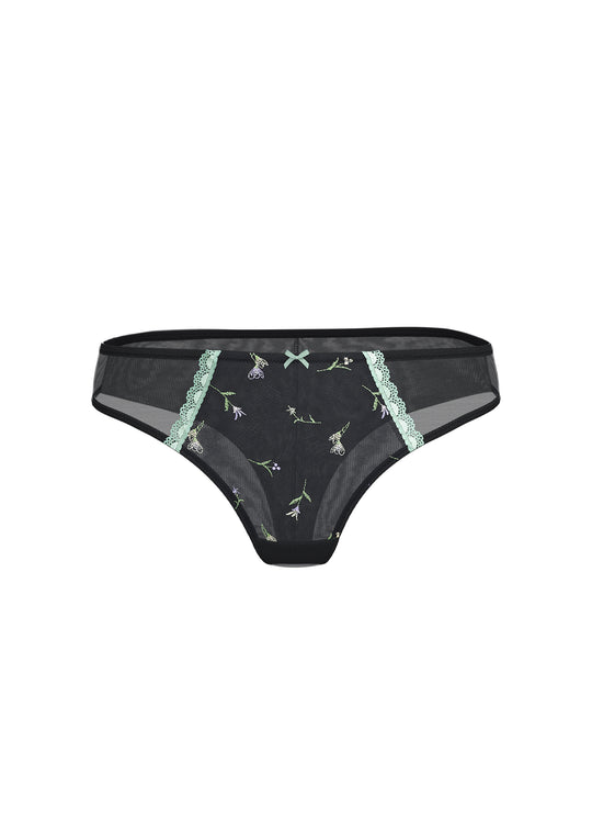 ROMY Plus Black Tanga Panties With Green Embroidery