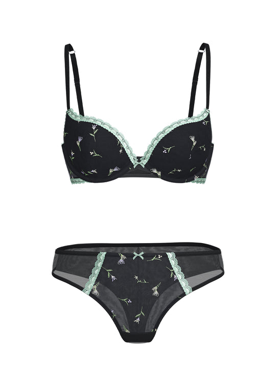 ROMY Green Embroidery Black Lingerie Set