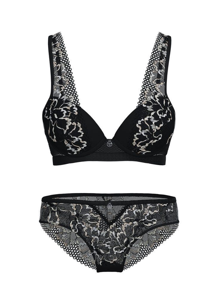 ROWAN Black Metallic Lace Plus Bra & Panty Set