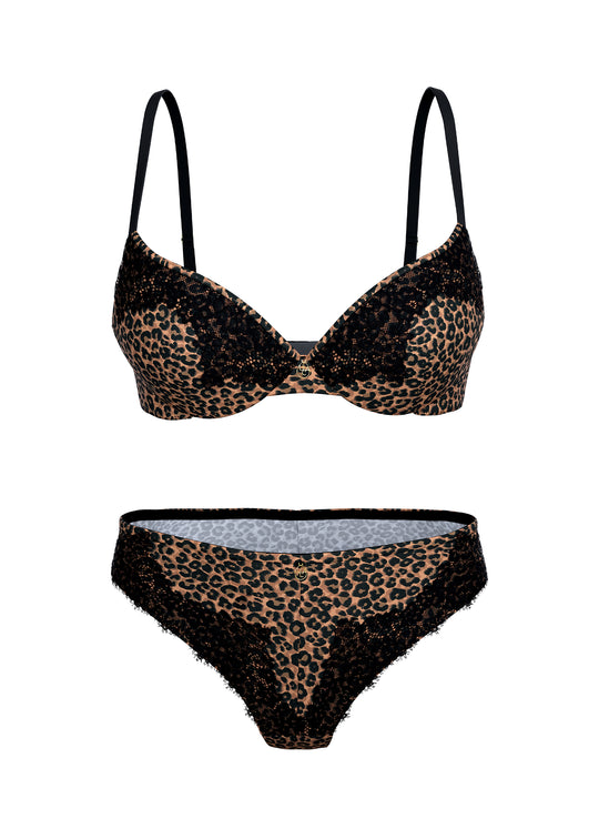 SAGA Leopard Print Black Lace Lingerie Set