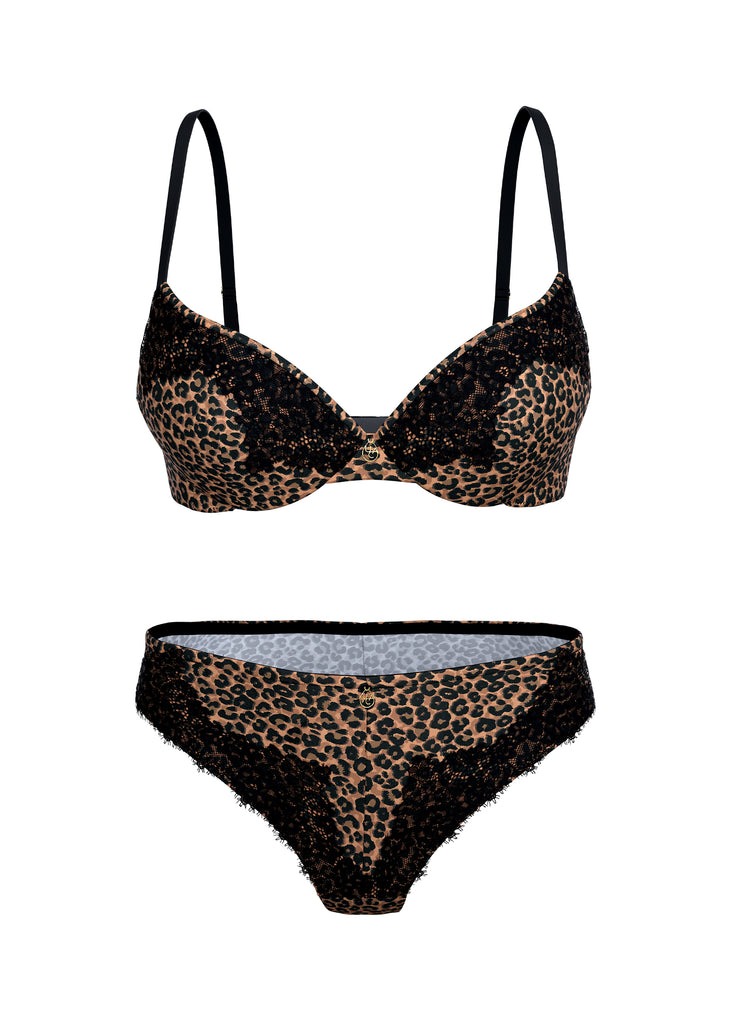 SAGA Leopard Print Black Lace Lingerie Set