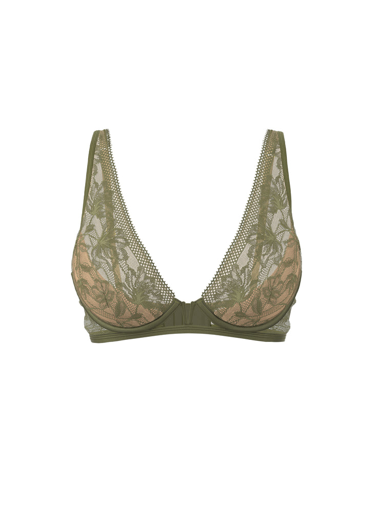 SERAPHINA Olive Green Wired Unlined Plunge Sparkling Lace Bra