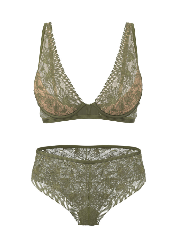 SERAPHINA Olive Green Lace Sparkling Lingerie Set