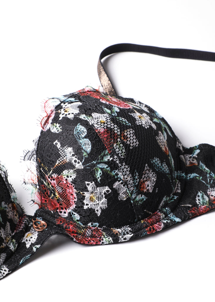 TOVE Plus Black Lace Wired Demi Bra With Vibrant Flowers