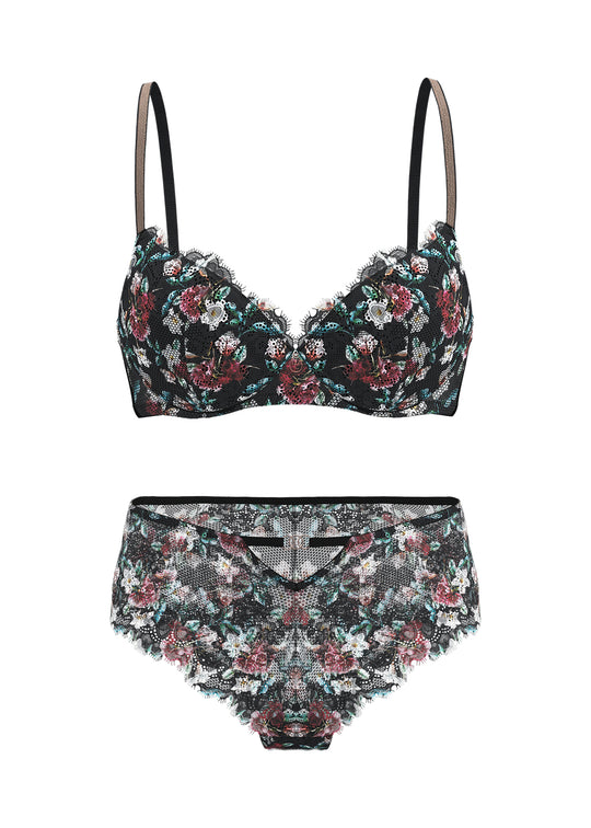 TOVE Floral Print Black Lace Bra & Plus Panty Set