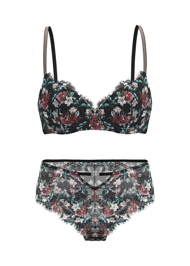 TOVE Floral Print Black Lace Lingerie Set
