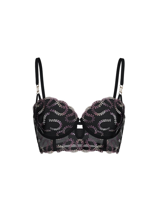 VALE Plus Gold-Foil Embroidery Lace Balconette Wired Long Bra