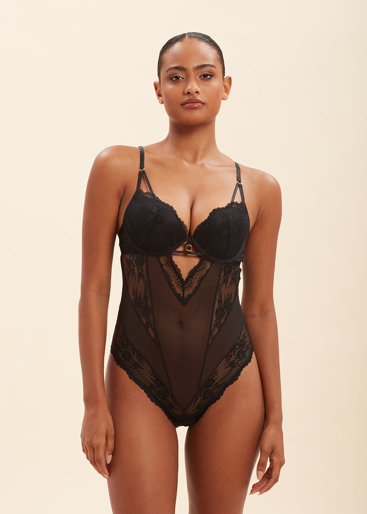 WENDIE Sexy Push-Up Black Mesh Recycled Lace Bodysuit
