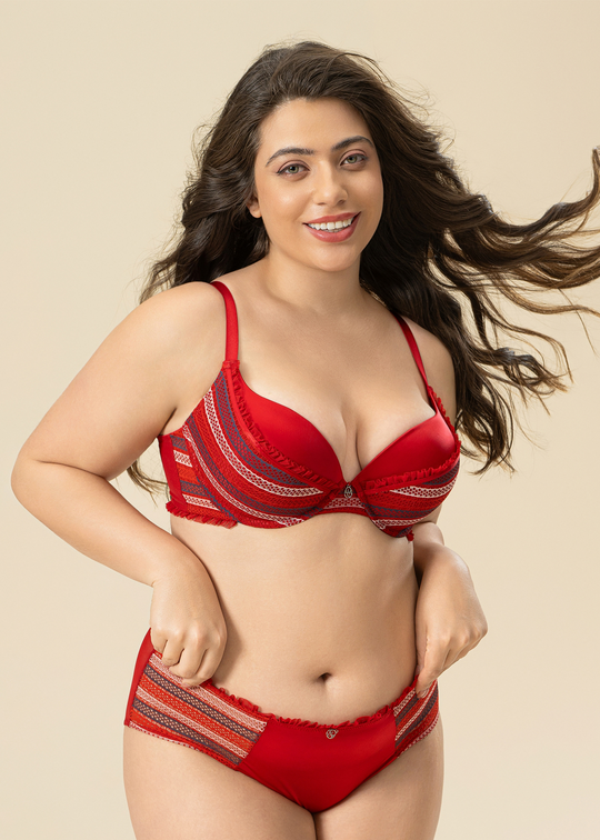 ASHLEY Plus Sexy Shiny Red Push-up Underwired Demi Molded Cup Bra