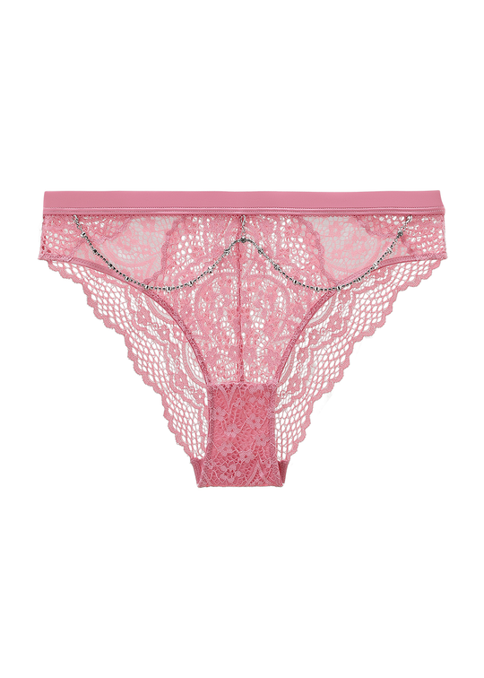 BECKY Sexy Pink Floral Lace Brief Panties with Detachable Diamond Chains