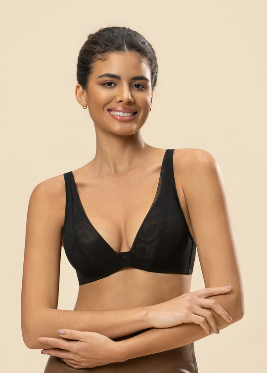 BEVIN Black Mesh Unlined Wired Bra With Half-Moon Pads