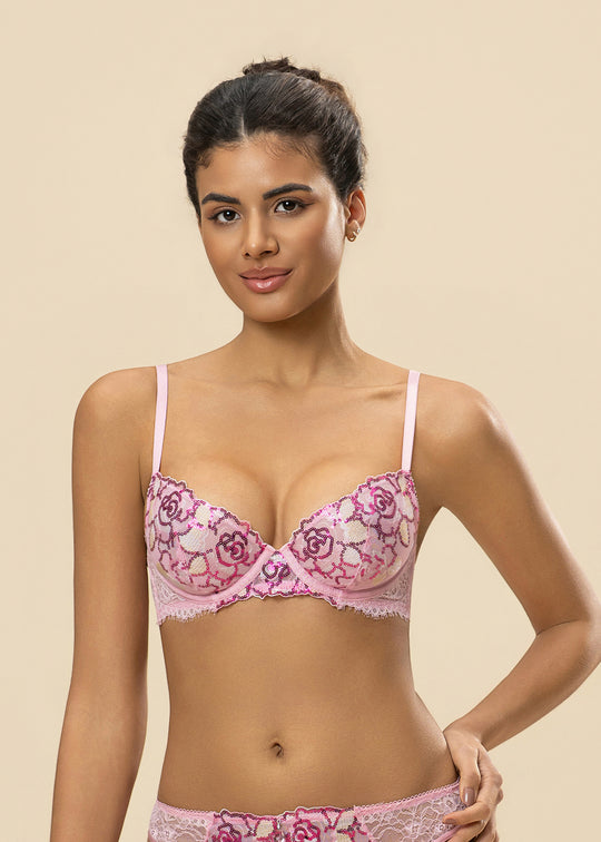 CALLA Sparkling Pink Floral Lace Unlined Wired Demi Bra