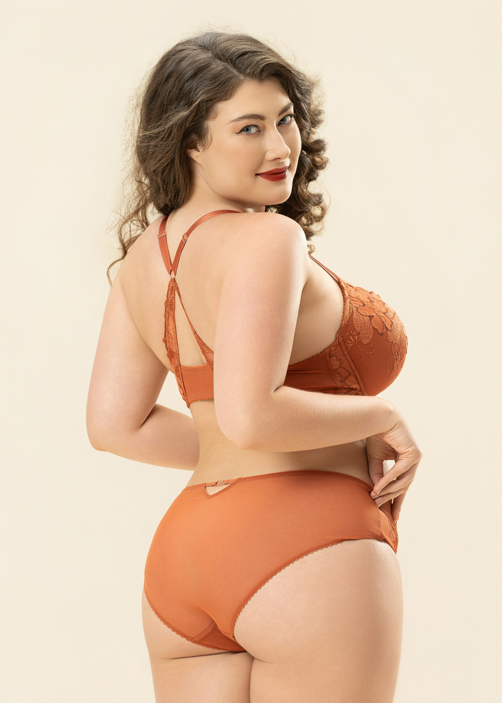 CECILY Plus Orange Floral Embroidery Lace Brief Panties