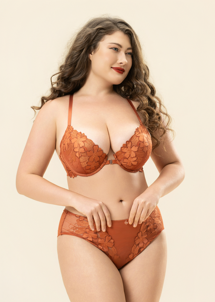 CECILY Plus Orange Floral Embroidery Lace Brief Panties