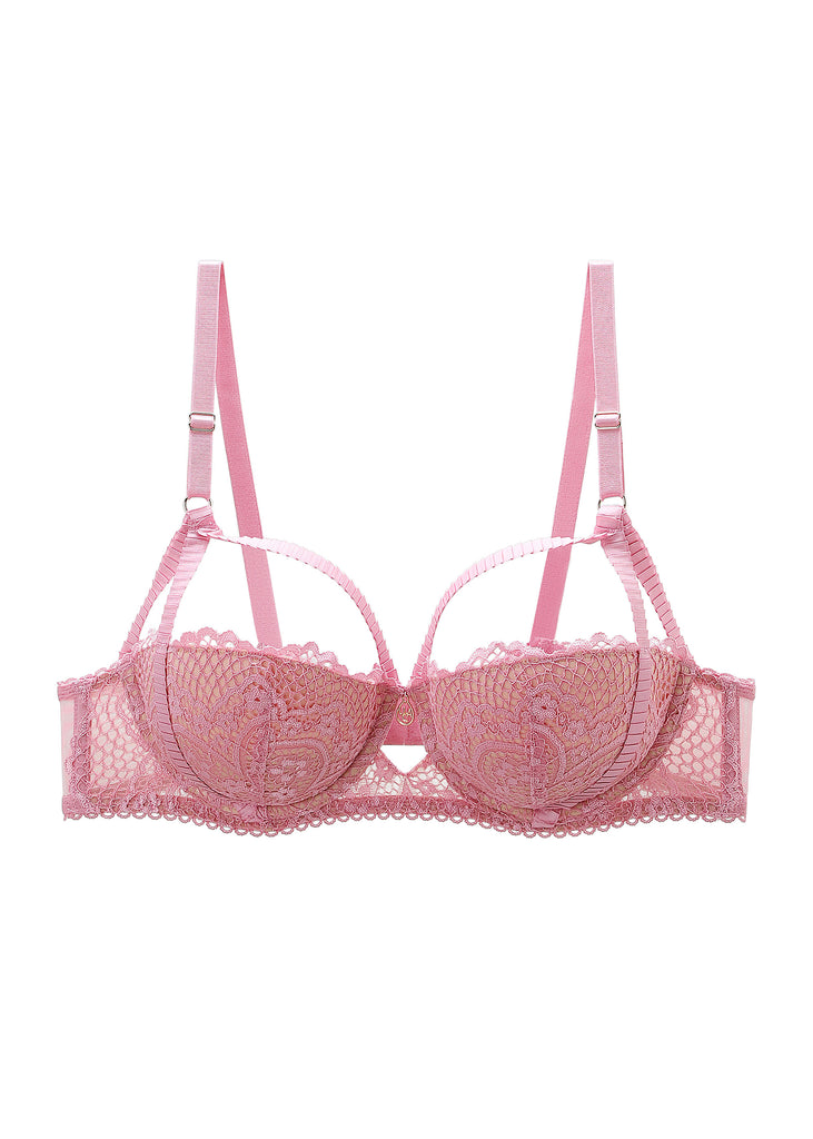 CELINE Pink Floral Lace Push-Up Molded Cup Balconette Demi Bra