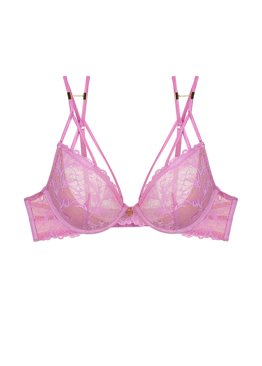CHERIE Plus Floral Pink Lace Underwire Unlined Plunge Half-Moon Soft Pads Bra