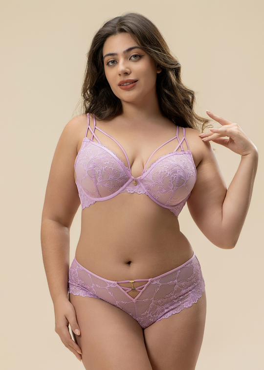 CHERIE Plus Floral Pink Lace Underwire Unlined Plunge Half-Moon Soft Pads Bra