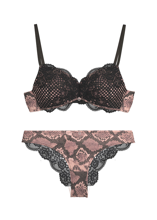 CHIARA Black Lace Snake Print Lingerie Set