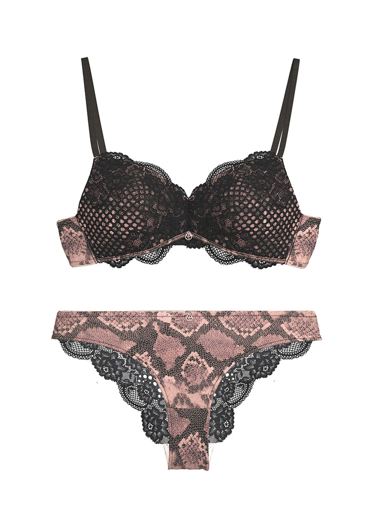CHIARA Black Lace Snake Print Lingerie Set