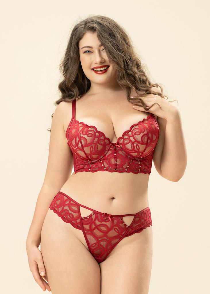 CINDY Plus Red Lace Push-Up Underwired Molded Cup Demi Long Bra