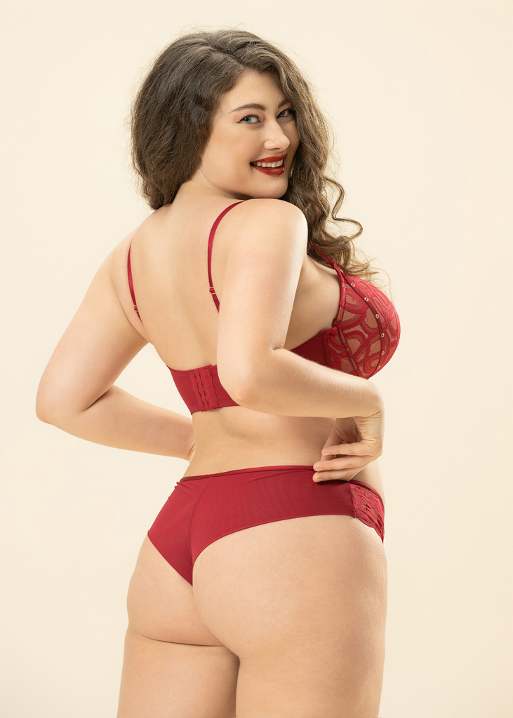 CINDY Plus Red Lace Push-Up Underwired Molded Cup Demi Long Bra