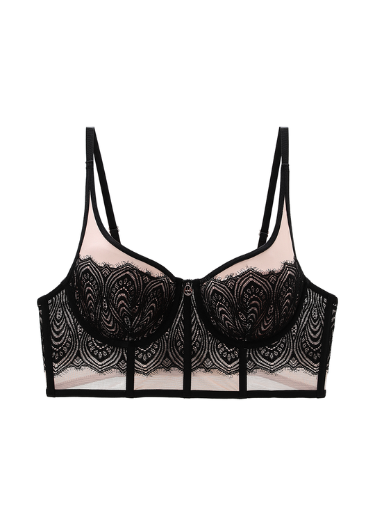 DOVE Plus Black Pink Lace Underwired Long Plunge Bra with Cut & Sewn Cups