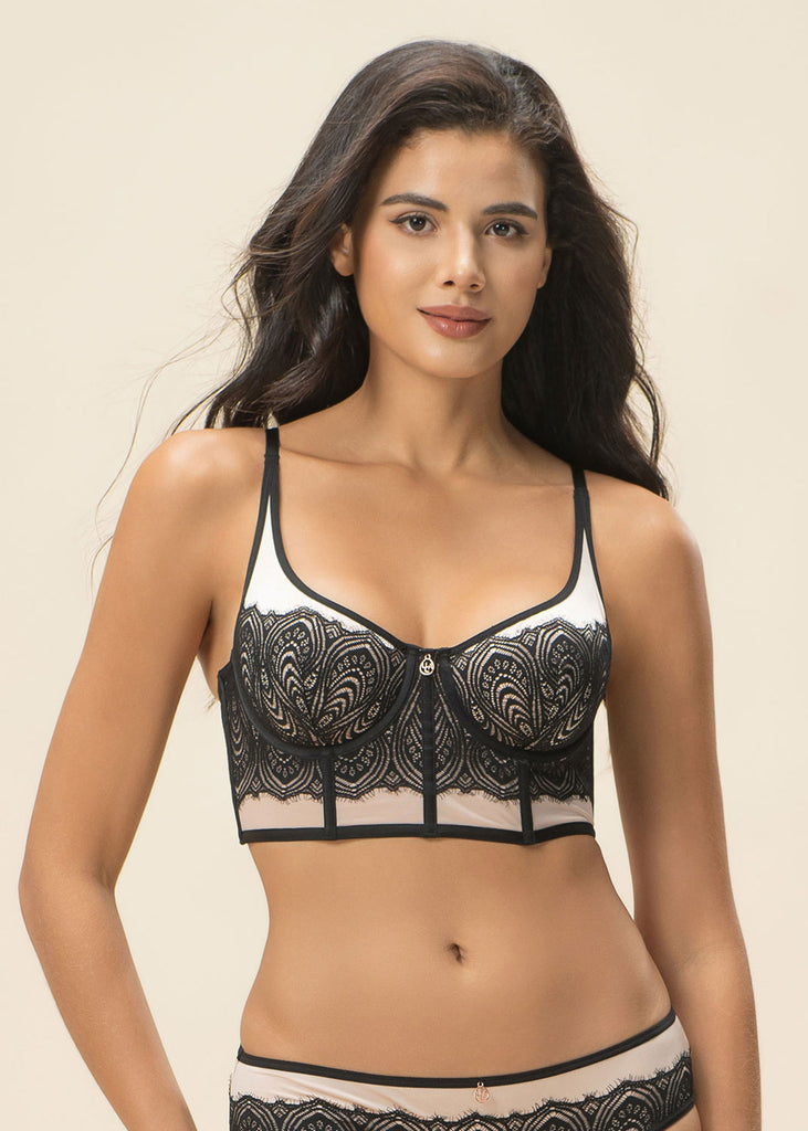 DOVE Black Black Pink Lace Underwired Long Plunge Bra with Cut & Sewn Cups