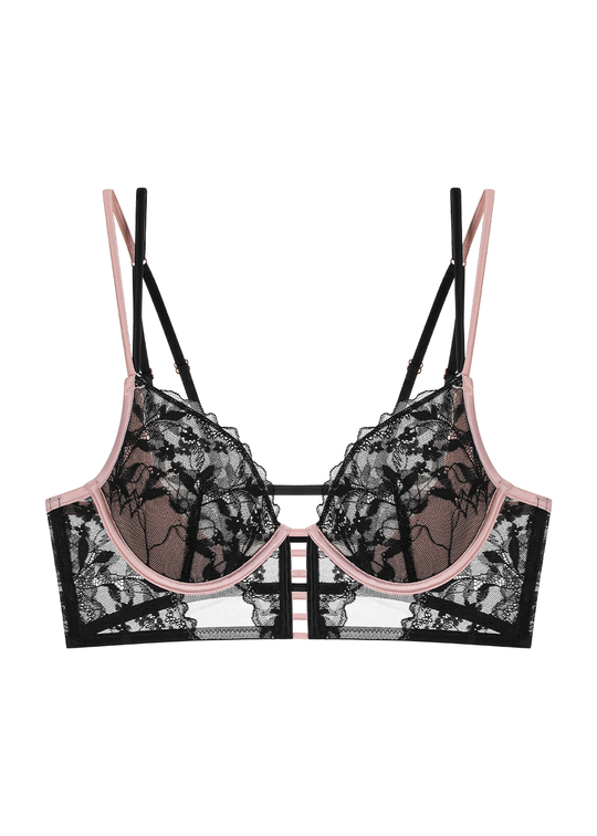 ELSA Plus Sexy Black Floral Lace Underwired Unlined Demi Long Bra