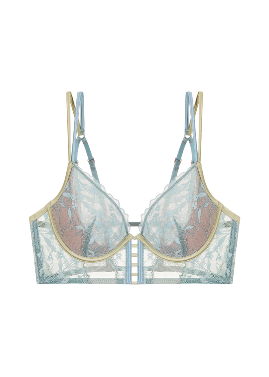 ELSA Sexy Green Floral Lace Underwired Unlined Demi Long Bra