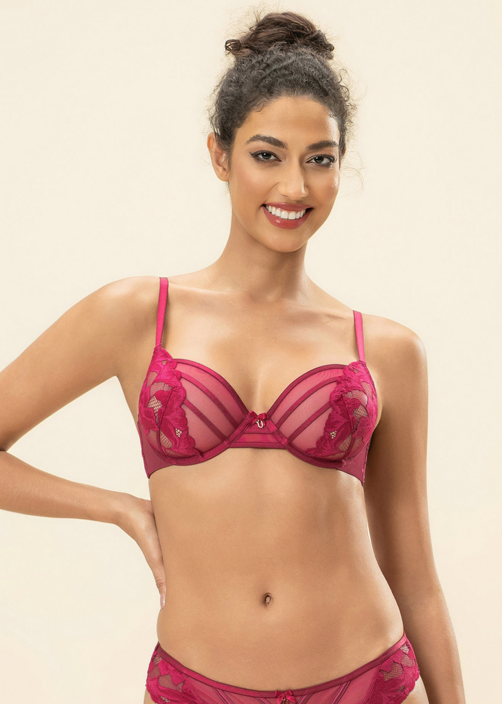 FLORA Seductive Underwired Unlined Red Demi Lace Bra
