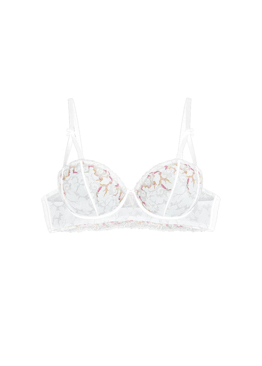 GLYNIS White Lace Underwired Balconette Demi Bra With Colored Embroidery