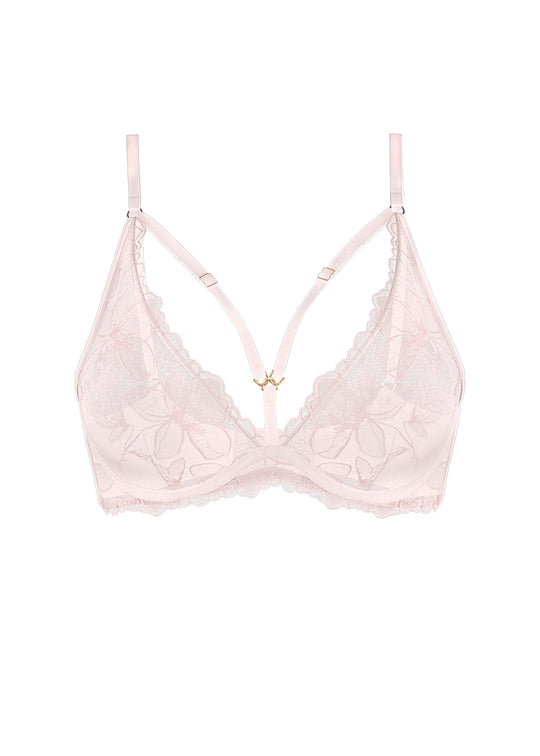 HALONA Plus Pink Floral Embroidery Lace Unlined Wired Plunge Bra