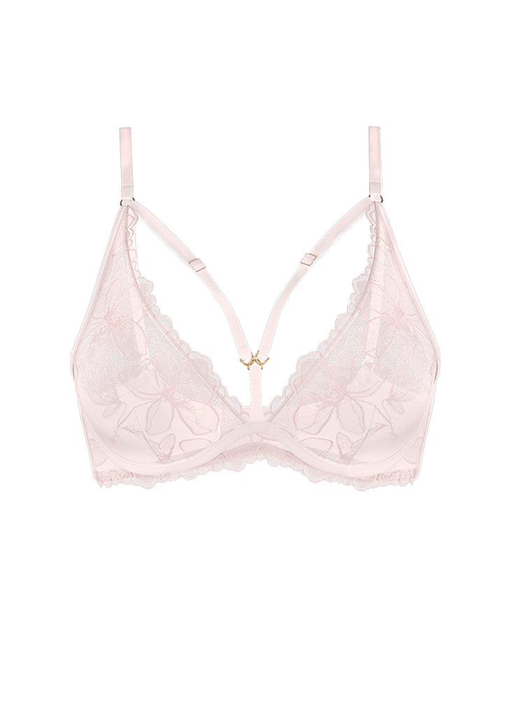 HALONA Pink Floral Embroidery Lace Unlined Wired Plunge Bra