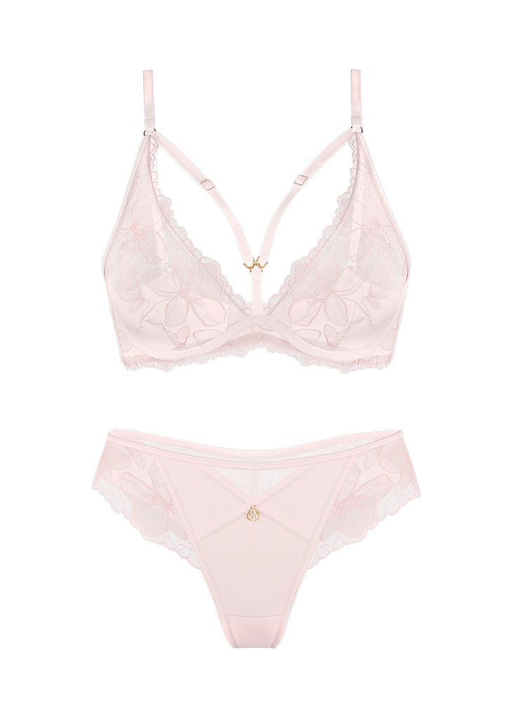 HALONA Pink Floral Embroidery Lace Lingerie Set