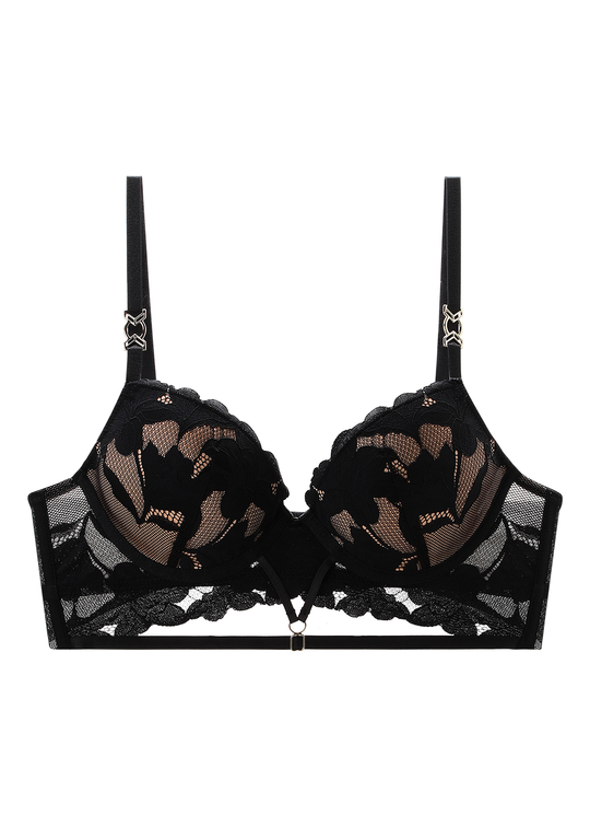 HEBE Plus Black Lace Push-Up Long Demi Bra with Molded Cups and Removable Padding