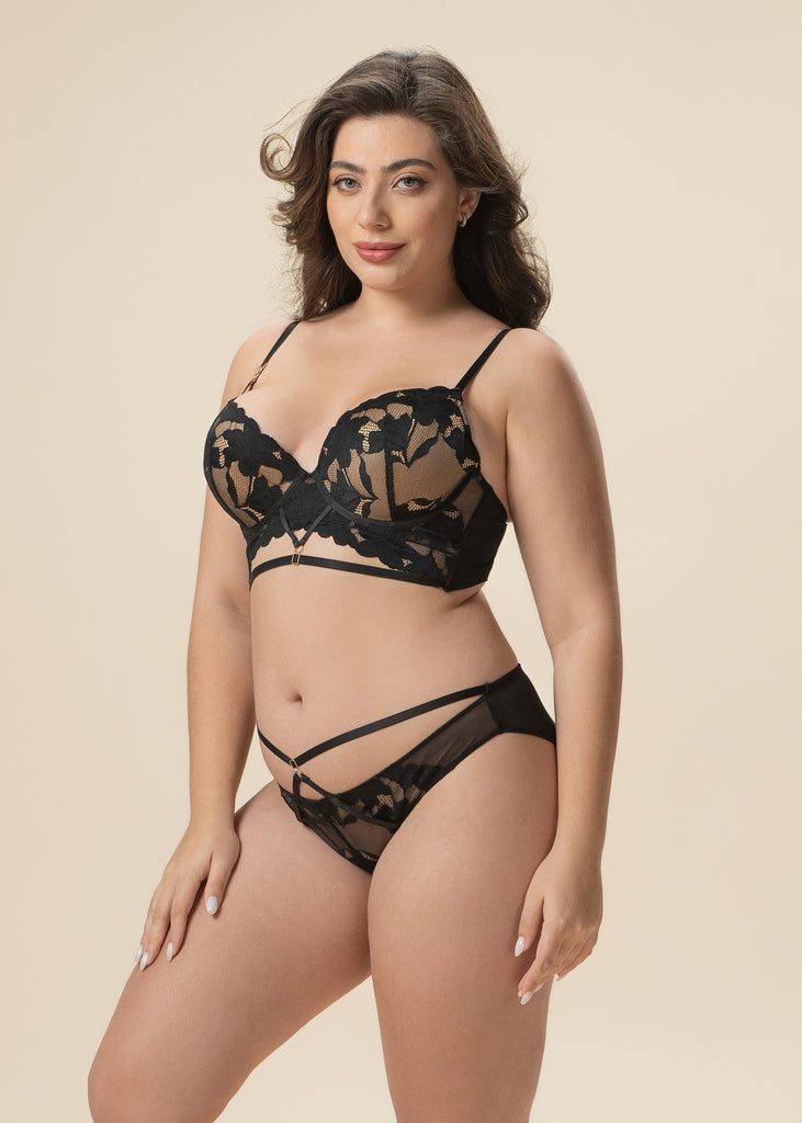 HEBE Plus Black Lace Push-Up Long Demi Bra with Molded Cups and Removable Padding