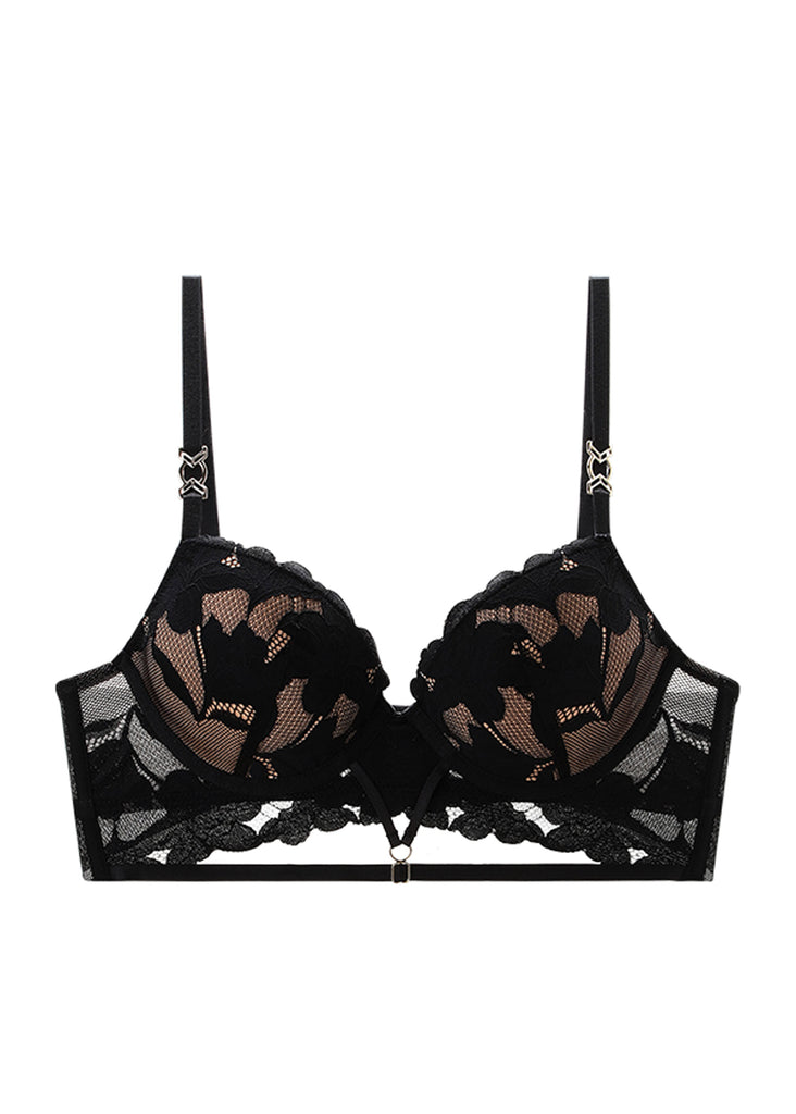 HEBE Black Lace Push-Up Long Demi Bra with Molded Cups and Removable Padding