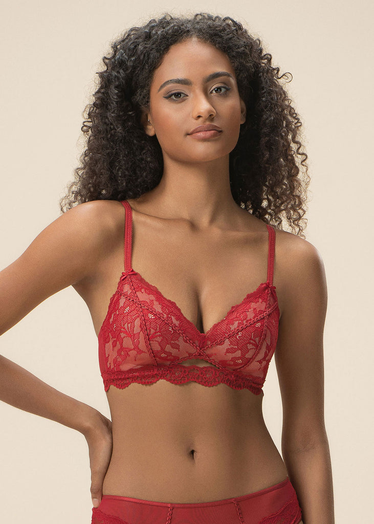 JANET Red Lace Wireless Triangle Molded Cup Bra