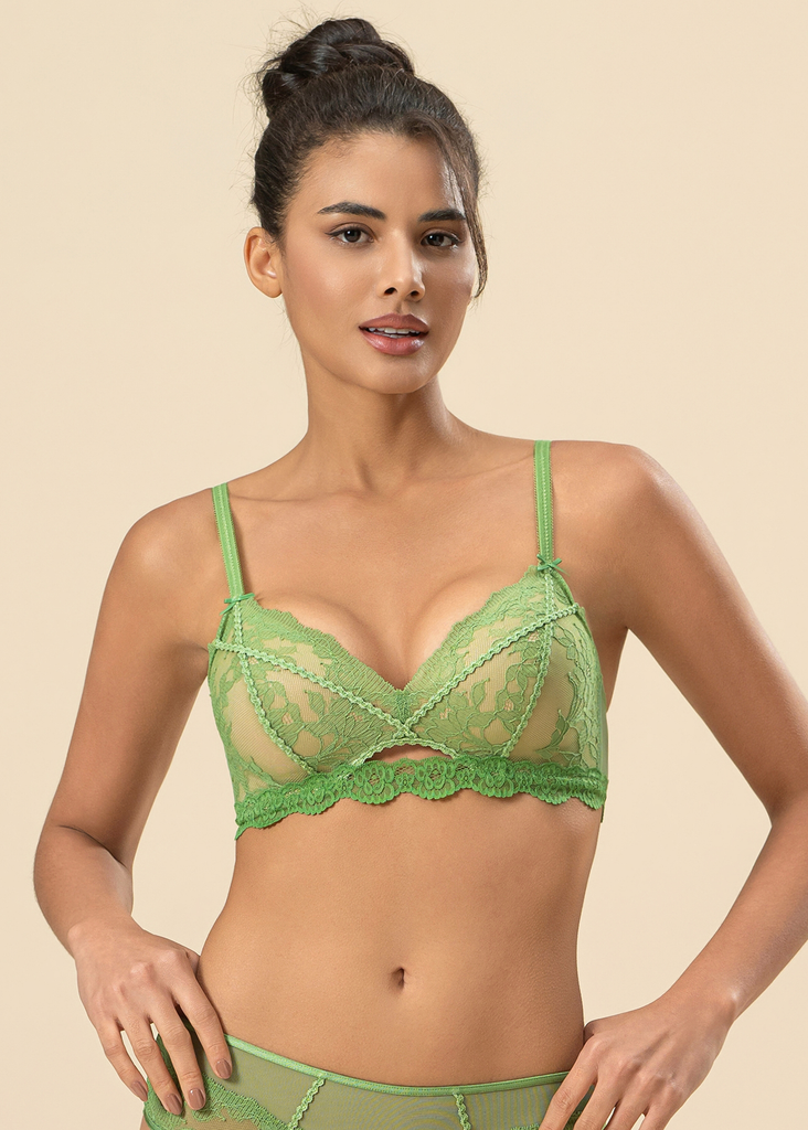 JANET Green Lace Wireless Triangle Bra with Molded Padded Cups