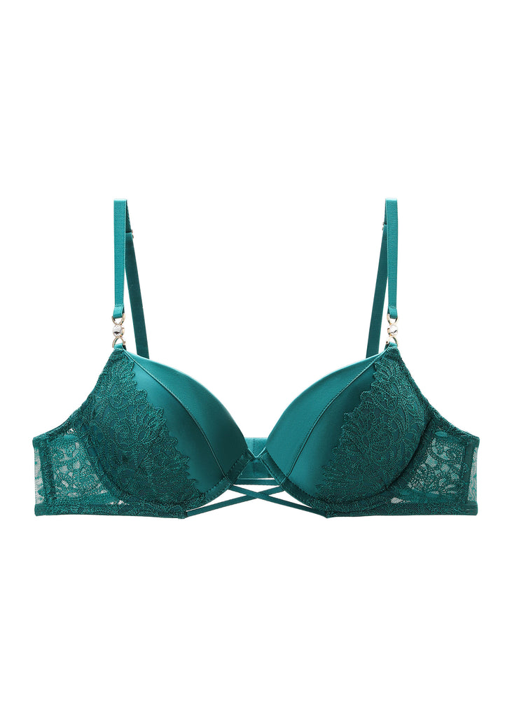 JESSICA Green Lace Push-Up Underwired Molded Cup Demi Bra with Removable Padding