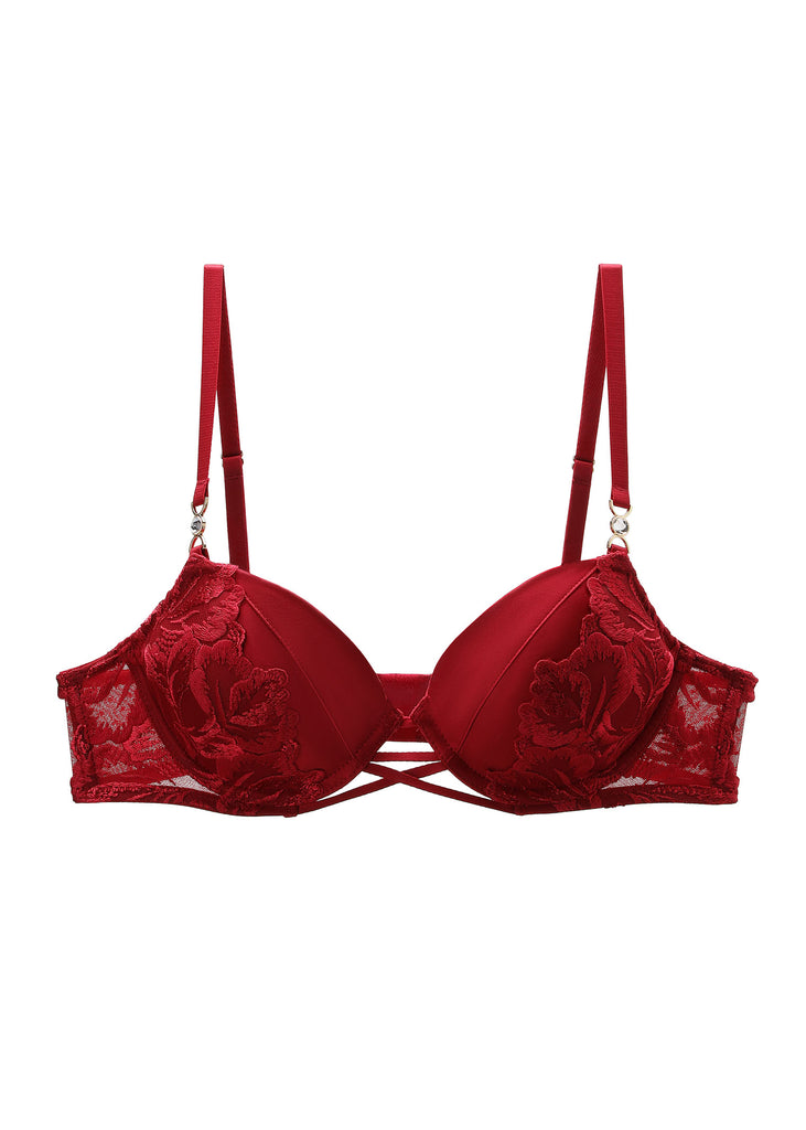 JESSICA Red Lace Push-Up Underwired Molded Cup Demi Bra With Removable Padding