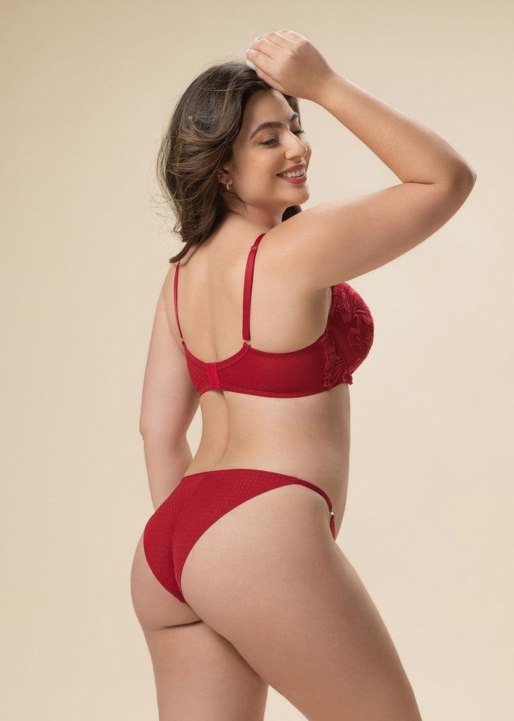 JESSICA Plus Red Lace Push-Up Underwired Molded Cup Demi Bra With Removable Padding