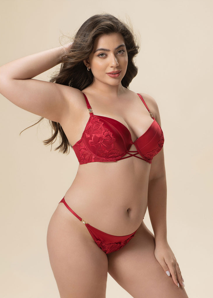 JESSICA Plus Red Lace Push-Up Underwired Molded Cup Demi Bra With Removable Padding