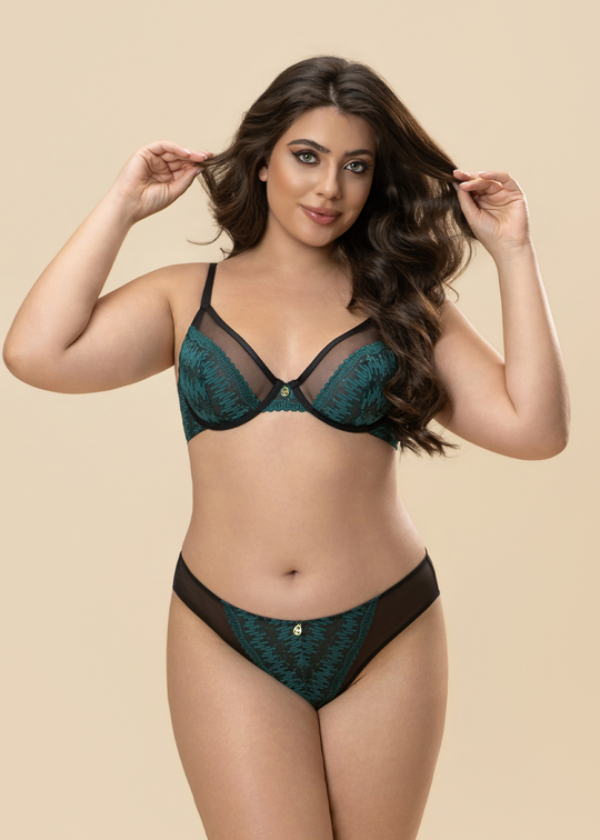 JOCASTA Plus Black Unlined Bra With Green Lace