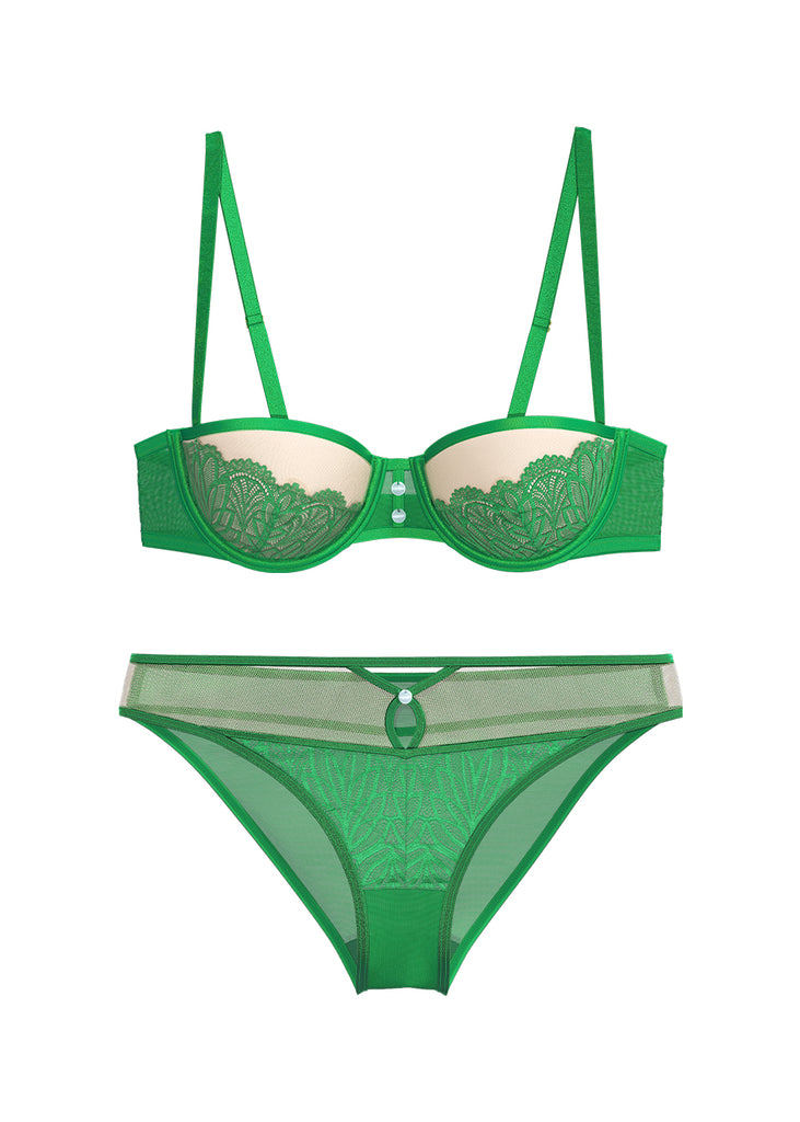 KALINA Green Leaf-Patterned Lace Lingerie Set